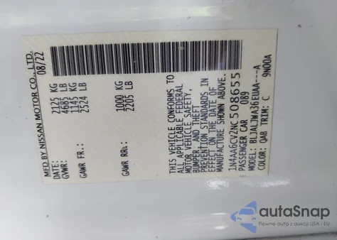 2022 Nissan Maxima Sv Xtronic Cvt z USA, uszkodzony, nr VIN 1N4AA6CV2NC508655